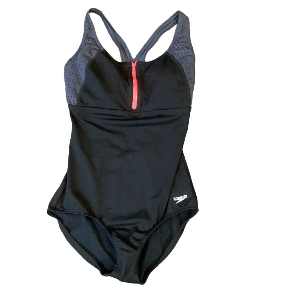 Speedo Endurance+ One Piece Swimsuit Black Zip‎ Neck Sz 8 #293M
